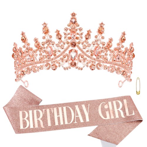 CHANACO Birthday Crown Tiaras for Women Birthday Girl Sash Rose Gold Crystal Birthday Tiara Rhinestone Birthday Headband Princess Crown for Girls Hair Accessories Happy Birthday Party Decorations
