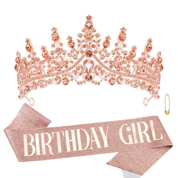 CHANACO Birthday Crown Tiaras for Women Birthday Girl Sash Rose Gold Crystal Birthday Tiara Rhinestone Birthday Headband Princess Crown for Girls Hair Accessories Happy Birthday Party Decorations