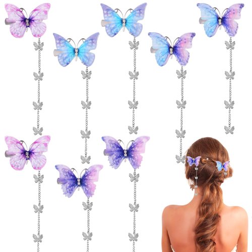 COMNICO Tassel Butterfly Hair Clips, 8 Pcs Fabric Barrettes Butterflies Hair Pin Cute Hanging Ear Butterfly Hair Accessories Valentines Wedding Prom Birthday Hairpin Accessories for Women Girl