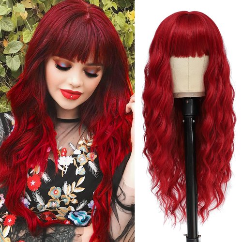 VERNA Red Wig with Bangs, 26 Inch Long Red Wigs for Women, Natural Looking Red Hair Wig, Middle Part Red Curly Wavy wig, Heat Resistant Synthetic Wig for Halloween Cosplay Constume(Red)