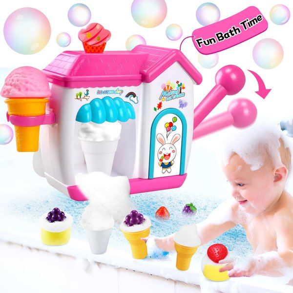 ROHSCE Bath Bubbles for Kids, Foam Pretend Ice Cream Toy Bath Bubble Maker Bath Time Bubble Machine, No Hole Bath Toys Set for Toddlers, Bubble Maker for Bathtub Gift for Boy Girl