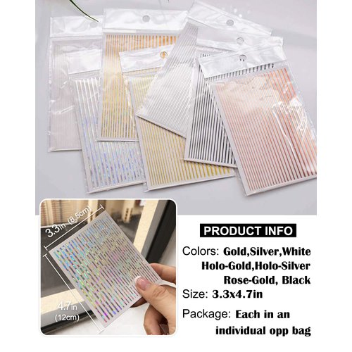 7 Sheets Nail Striping Tape Metallic Lines French Tip Manicure Strip Adhesive Holographic Foil Design Gold Sticker Decals for Nail Art