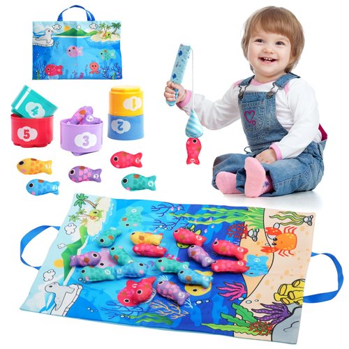 Montessori Toys for 1 Year Old - Christmas Toddler Toys Gifts for Boys&Girls Age 1 2 3 Years Old, Cloth Fishing Game for Toddlers 1-3 with Stacking Cups, Number Counting, Color Sorting, Shape Learning