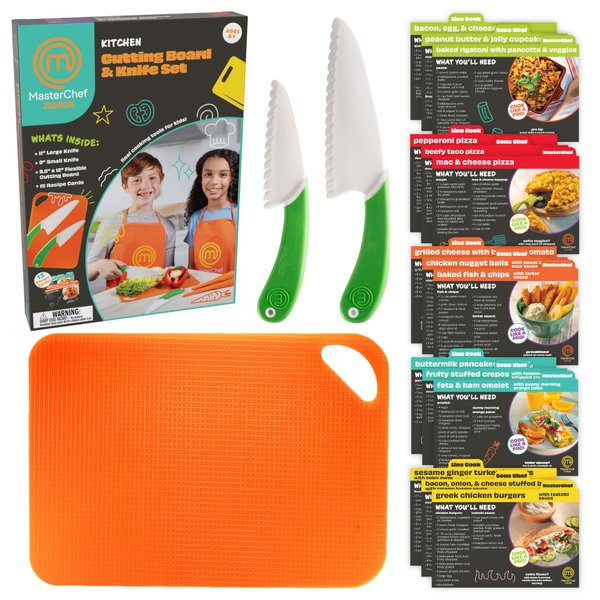MasterChef Junior Knife and Cutting Board Set - Includes Real Cutting Tools for Kids and 15 Cooking Childrens Baking Recipes - Great for Homemade Cooking Party, Birthday Activity
