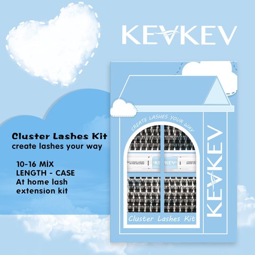 KevKev DIY Lash Extension Kit Eyelash Extension Kit 2 Styles Lash Clusters Kit with 216 Pcs Individual Cluster Lashes Lash Bond and Seal Eyelash Remover Lash Overnighter (Cloudy+Morning, 10-16Mix)