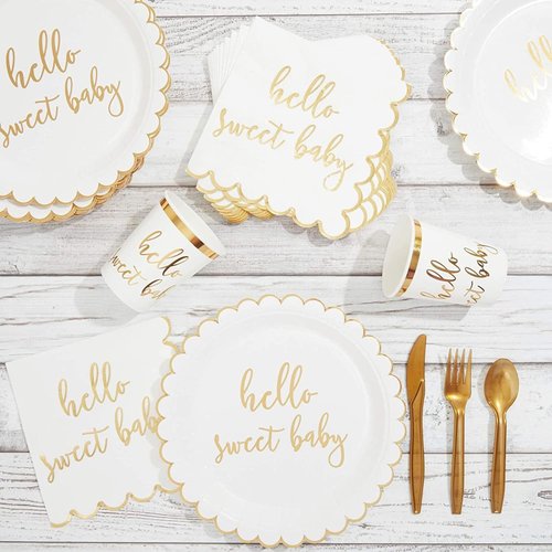Hello Sweet Baby Shower Supplies, Dinnerware Set (144 Pieces, Serves 24)