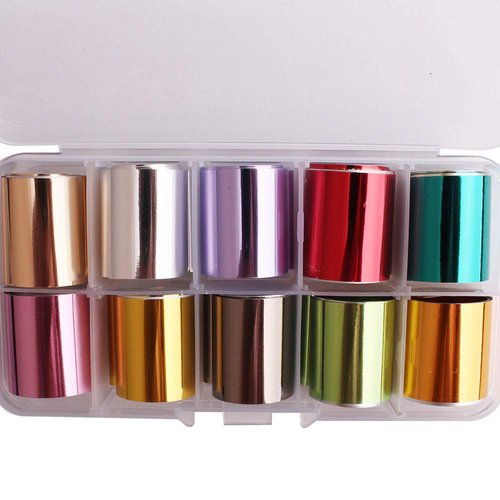 WOKOTO 10 Rolls Solid Color Nail Art Foil Stickers Tip Mirror Design Starry Sky Adhesive Nail Transfer Decals Manicure Decoration (0.98inchs*39.4inchs)