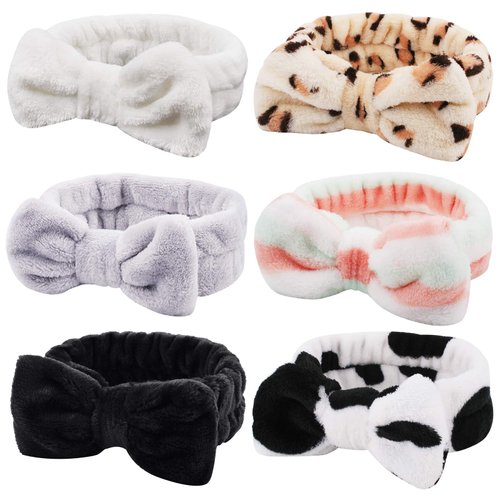 Casoty 6 Pieces Bow Hair Band Spa Headband for Women Soft Coral Fleece Headband for Washing Face Terry Cloth Headband Makeup Headband Yoga Sport Headband