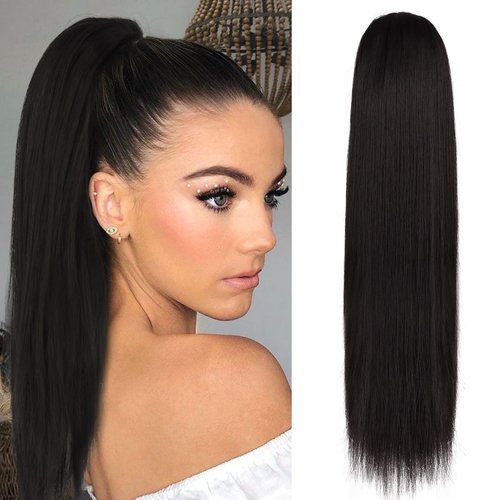 BARSDAR 16 IN Drawstring Clip in Ponytail Extensions, Short Straight Synthetic Ponytail Hair Extensions Fluffy Yaki Hairpiece for Women Girls for Daily Make Up Party Halloween- Darker Brown