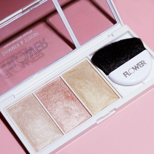 FLOWER Beauty By Drew Barrymore Shimmer + Strobe Highlighting Palette - Glowing Bronzer Powder Kit For Face + Blendable Coverage - Skintones + 3 Enhancing Colors (Strobe Brush) Included - Champagne Shimmer