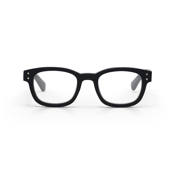eyebobs Biff Unisex Premium Reading Glasses for Men and Women | Black front and temples with matte woodgrain finish - 00 | Non-Polarized Narrow Square Reader Glasses - 1.50 Magnification