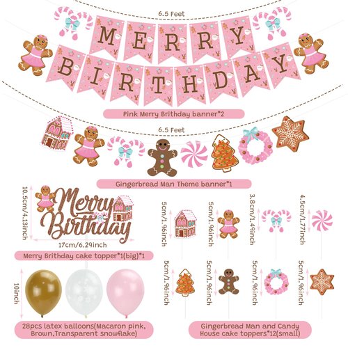 K KUMEED Pink Gingerbread Man Decorations,Christmas Merry Birthday Banner Cute Candy House Cake Topper Latex Balloons for Boys Girls Merry Birthday Birthday Party Supplies Baby Shower