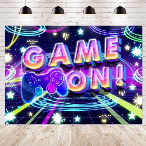 Newsely Neon Party Supplies Game On Backdrop 7Wx5H Photography Glow Gamer Gaming Game Night Contr...