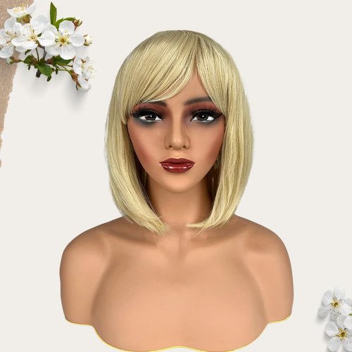 FARRUIS Light Blonde Bob Wig for Women 12 Inch Short Light Blonde Straight Bob Wigs with Bangs for Women Short Hair Wig Synthetic Wig for Cosplay, Daily, Halloween