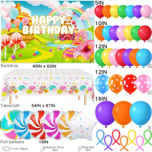 Winrayk 134Pcs Candyland Party Decorations Birthday Supplies Candy Land Balloon Arch Backdrop Tablecloth Star Lollipop Foil Balloons Girl Boy Kids Christmas Sweet Candy Land Birthday Party Decorations