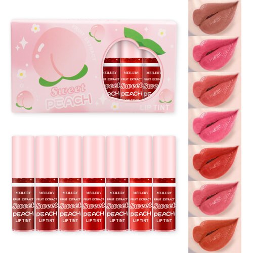 7 Colors Lip Stain Set, Watery Lip Tint Stain Mini Liquid Matte Lipstick, Multi-use Lip Cheek Tint, Moisturizing Plump Lip Gloss, Lightweight Non-Sticky, Long Lasting Vivid Lip Tint Makeup (Peach)