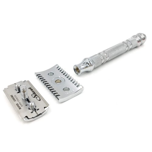 Parker Safety Razor, Deluxe OPEN COMB Double Edge Safety Raozr, Electroplated Brass Handle, 5 Blade Refills Included (24C - Deluxe Chrome)