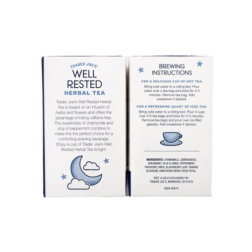 Trader Joe's Herbal Tea Well Rested No Caffeine 20 Bags