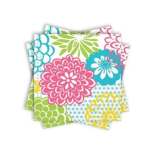 Amscan Decorative Floral Fireworks Party Beverage Paper Napkins (16 Pack), 5 x 5, Multicolored