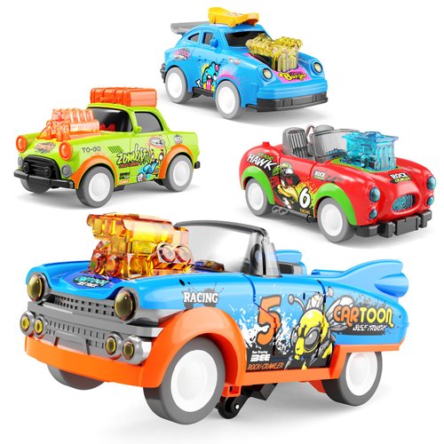 SJIDA 4-Pack Dancing Truck Toy, Toy Cars for Toddler，Push Cart for Kids 3-5 Years Old, Front-End Rocking Vintage Sports Car, Jumping Cars for Boys & Girls Toy Gift