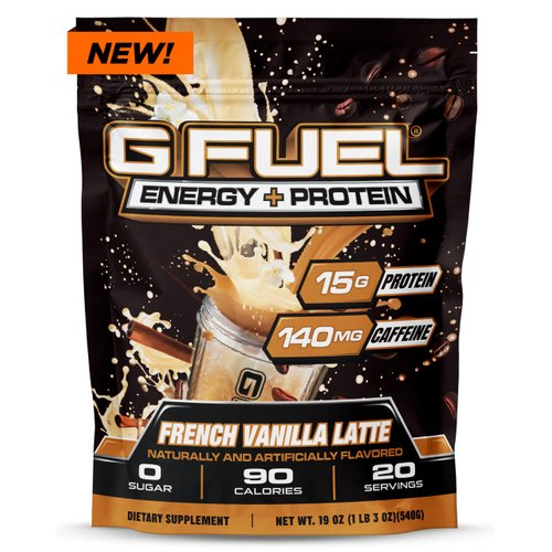 G Fuel Protein + Energy Drink Powder, Pre Workout Caffeine Powder, Energy Powder Drink Mix for Gaming, Sugar Free Focus Amino, Vitamin + Antioxidants, 19oz (French Vanilla Latte, 20 Servings)