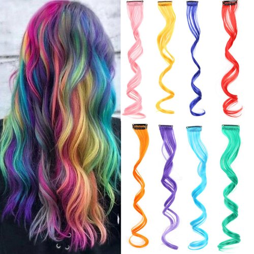 Onemily 16PCS Colored Hair Extensions Clip in, Rainbow Long Curly Wavy Synthetic Hairpieces, Halloween Cosplay Dress Up Fashion Party Christmas New Year Gift for Women and Girls