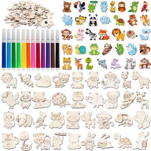 gisgfim 36Pcs Wooden Magnet Painting Craft Kit DIY Wooden Magnets Coloring Arts Crafts for Kids Ages 4-8 8-12 for Birthday Party Gifts Toys Jungle Animal Crafts Creativity Supplies Party Favors