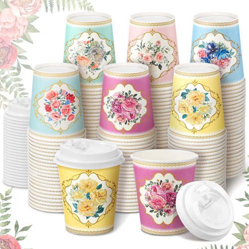 Karenhi 36 Pack 9 oz Spring Floral Paper Cups Vintage Tea Party Cup Disposable Coffee Cups with Lids for Women Girls Bridal Party Wedding Tea Party Decorations Baby Shower(Retro)
