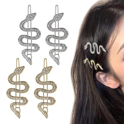 4PCS Metal Snake Hair Pins Alloy Snake Hair Clips with Sparkly Rhinestones Set Hair Jewelry Accessories For Girls Women Headdress (Silver+Gold)