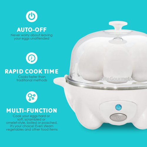 Elite Gourmet EGC-007 Rapid Egg Cooker, 7 Easy-To-Peel, Hard, Medium, Soft Boiled Eggs, Poacher, Omelet Maker, Auto Shut-Off, Alarm, 16-Recipe Booklet, White
