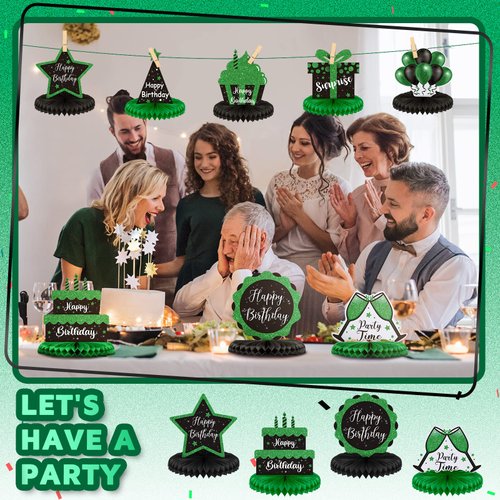 8 Pcs Birthday Centerpiece Table Decoration, Black and Green Happy Birthday Honeycomb Centerpieces Honeycomb Birthday Table Toppers for Men Women Party Supplies