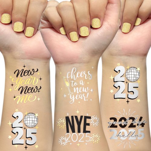 Ovasorve New Years Eve Party Supplies 2025 Temporary Tattoos 40 Gold Silver Foil Styles NYE Party...