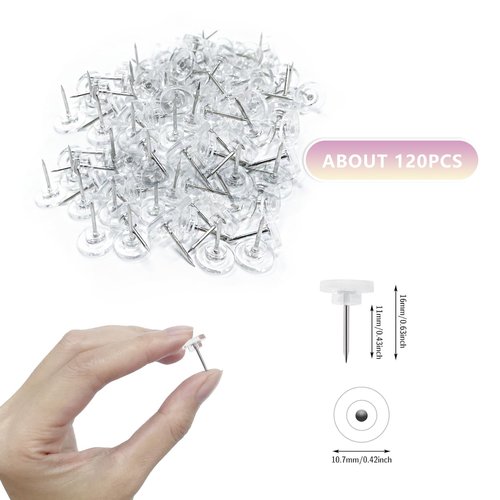 120 Count Push Pins,Clear Thumb Tacks, DEEINN Pins & Tacks, Clear Thumb Tacks for Wall Hangings Plastic Clear Push Pins for Cork Board Flat Head Thumb Tacks
