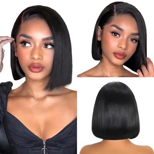YGP Bob Wig Human Hair 180 Density 13x4 HD Transparent Lace Front Bob Wigs Pre Bleached Tiny Knots Glueless Wigs for Women Natural Black 8 Inch