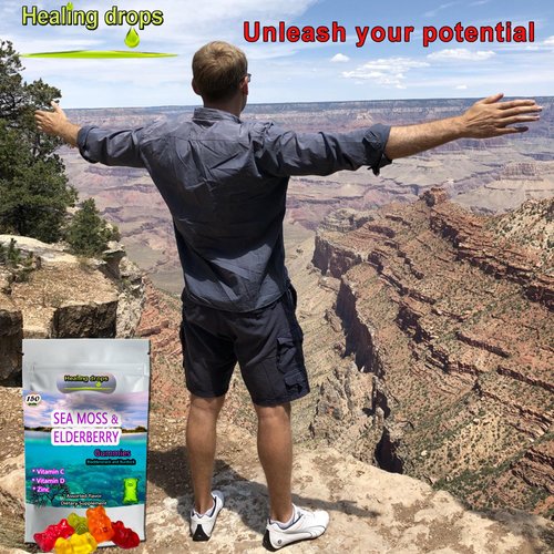 HEALING DROPS Irish Sea Moss Gummies – Raw Organic Wildcrafted Sun-Dried Seamoss Powder Gel - with Bladderwrack Burdock Root – Alkaline Keto Vegan Non-GMO Diet – Thyroid Skin Detox (Elderberry)