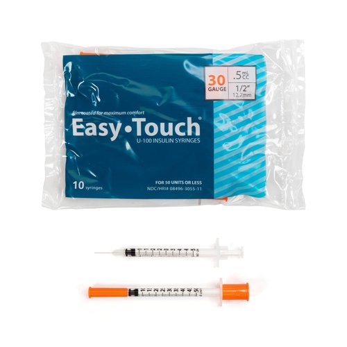 EasyTouch U-100 Insulin Syringe with Needle, 30G 0.5cc 1/2-Inch (12.7mm), Box of 100