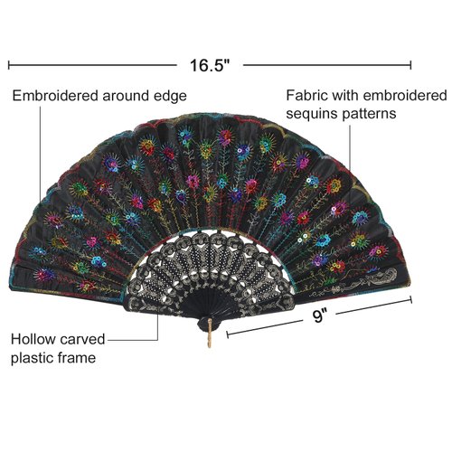 BABEYOND 8pcs Vintage Folding Hand Fan Embroidered Sequins Handheld Folding Fan Fabric Folding Fan for Wedding Dancing Party (Color Random Selected with Embroidered Sequins)