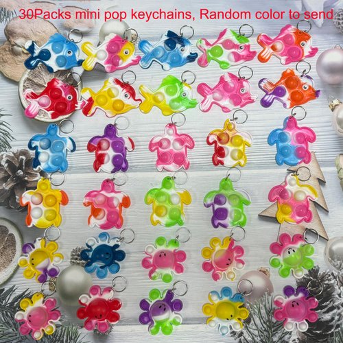 30 Packs Rainbow Octopus Turtle Fish Undersea Mini Pop Fidget Keychain Bubble Toy for Kids Birthday Summer Party Favors Gift, Small Classroom Student Prizes