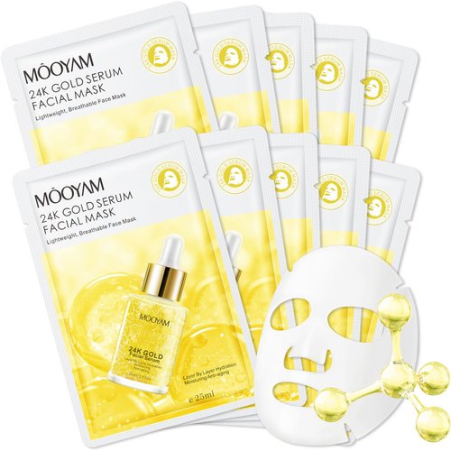 24k Gold Serum Face Masks Skincare Pack of 10, Hydrating Face Masks, Overnight Facial Masks for Women Skin Care, Firming, Moisturizing, Nourishing, Face Sheet Mask for All Skin Type Christmas Gifts