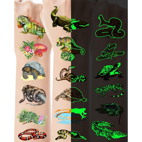 96 Pieces Luminous Reptile Temporary Tattoos,Glow in The Dark Reptile Snake Lizard Frog Crocodile Turtle Themed Tattoos Stickers Party Decoration Supplies Party favors for Kids Adults