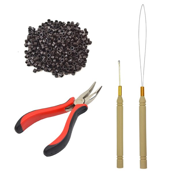 Hair Extensions Tool Kit I-tip Hair Extension Pliers Pulling Hook Bead Device Tool Kits and 500 Pcs 5 mm Micro Links Rings Beads (Dark Brown)