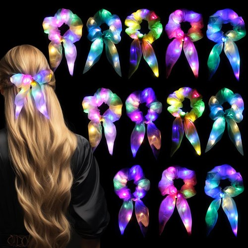 12PCS LED Hair Scrunchies with Chiffon Material, Ponytail Holders Scarf Neon Light Up Bow Scrunchies for Women Girls, Rave Accessories Glow for Dark Party Supplies Birthday Halloween Christmas
