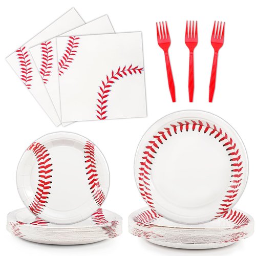 96 Pcs Baseball Party Decorations, Baseball Party Supplies Bundle Include Baseball Plates, Napkins, Forks, Baseball Birthday Party Decorations Serves 24
