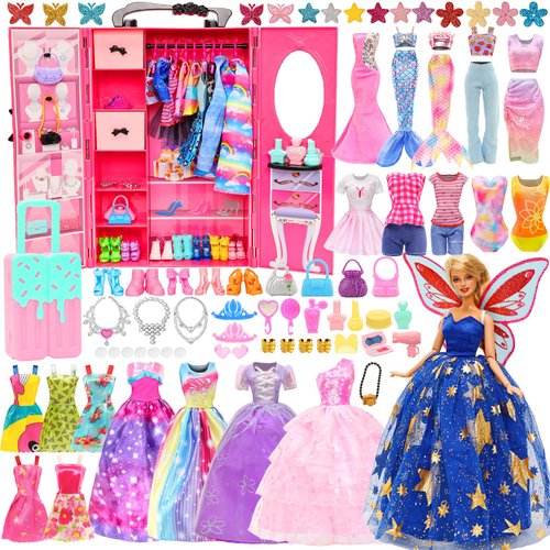 BEABARZA 101 Pcs 11.5 Inch Girl Doll Closet Wardrobe with Clothes and Accessories - 12 Pack Doll Clothes, 1 Suitcase, 1 Wardrobe, 10 Shoes and 77 Pcs Other Accessories