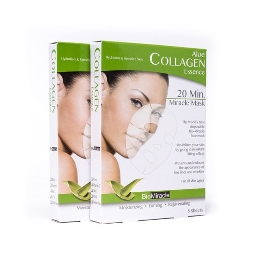 BioMiracle Aloe Collagen Essence, Hydrating, Revitalizing Face Mask, 20 Minute Miracle Mask, 5 Count (Pack of 2)
