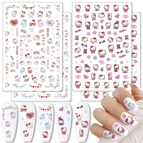 Cute Nail Art Stickers Decals Cartoon Nail Decals 3D Self Adhesive Nail Art Supplies Cute Cat Nail Stickers for Women Girls Cute Cartoon Nail Decoration Charms 4 Sheets Designer Nail Stickers