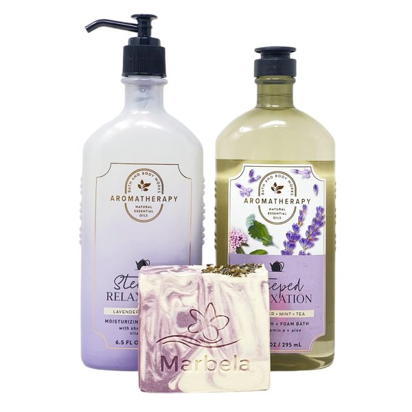 Bath & Body Works Aromatherapy Steeped Relaxation Lavender + Mint + Tea 2 Piece Gift Set - Body Lotion and Body Wash + Foam Bath - with a Lavender Dream Bar Soap - Full Size