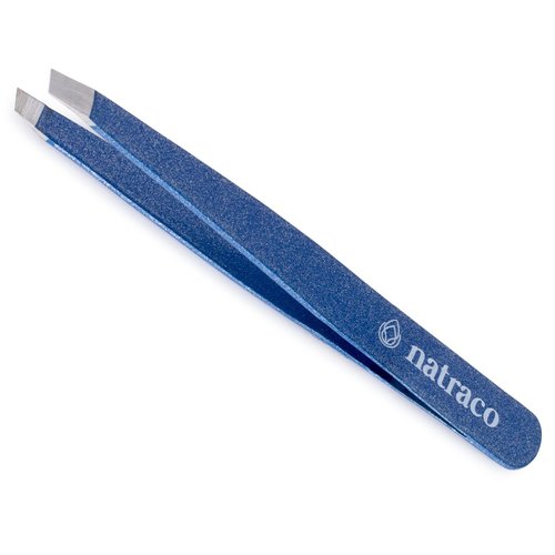 natraco Slant Tweezers - Sharp Precision Stainless Steel - Professional Tweezers for Eyebrows & Facial Hair Removal (Blue Textured)