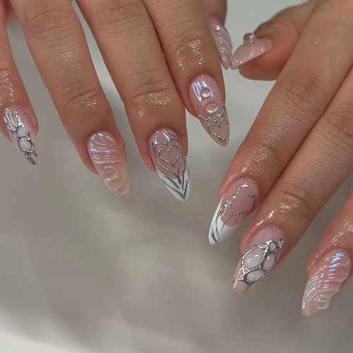 24 Pcs Almond Press on Nails Medium Fake Nails Nude Full Cover Stick on Nails with Silvery Glitter Designs Acrylic Nails Glossy False Nails 3D Water Ripple Nail Charms French Nails for Women Girls