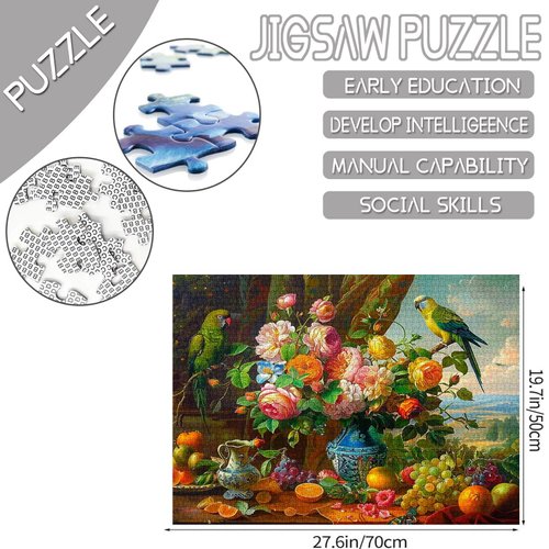 Puzzle 1000 Pieces Vintage Still Life with Flowers Bird Puzzle for Adults,Parrot Puzzle Art Puzzle,The Renaissance Style Puzzle Color Challenge Peony Flower Puzzle for Adults